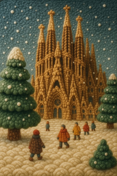 Knitted Sagrada Familia in a Winter Wonderland Scene