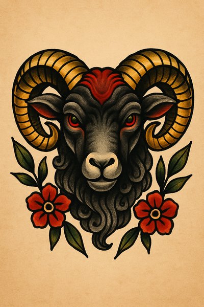 Artistic illustration of a ram with flowers
