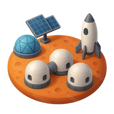 3D Mars Colony Concept Icon with Rocket and Solar Panels
