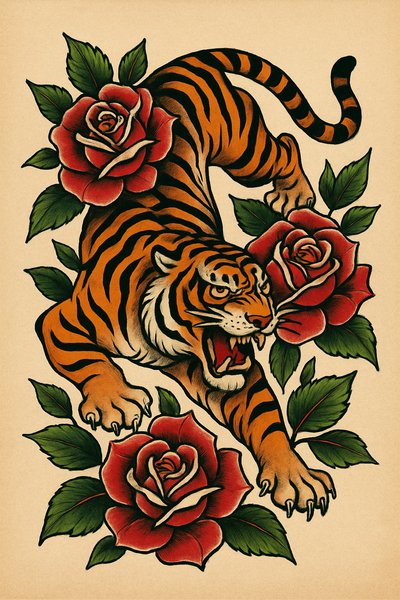 Vibrant Tiger and Roses Tattoo Art Design