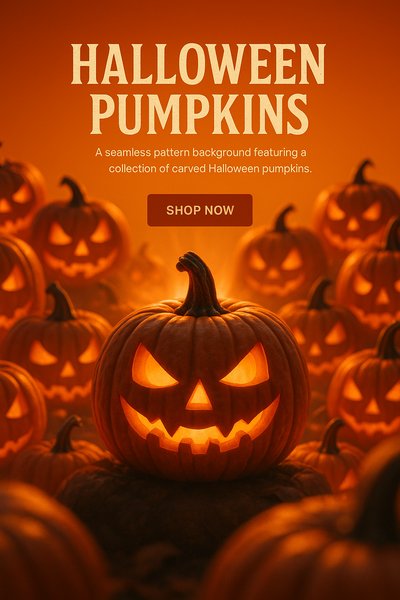 Seamless Pattern of Carved Halloween Pumpkins
