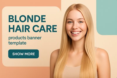 Blonde Haircare Banner with Smiling Woman and Bold Typography