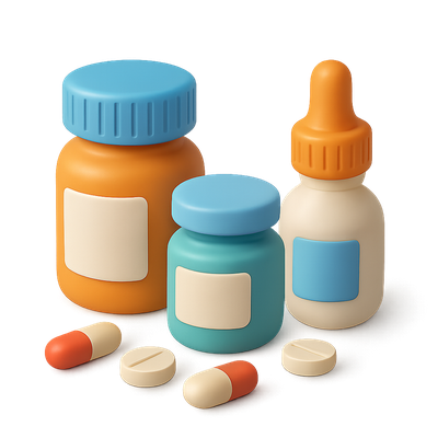 Colorful 3D Medicine Bottles and Capsules Icon