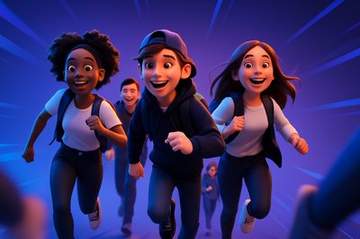 Dynamic Illustration of Students Walking to School Together