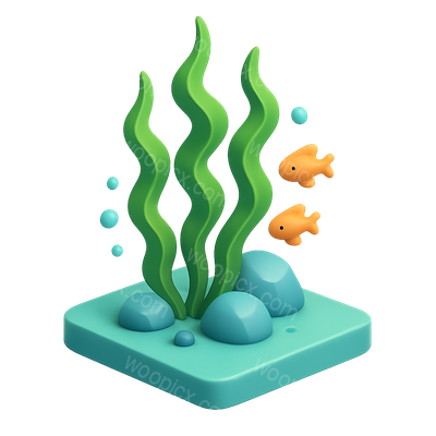 3D Kelp Forest Icon with Fish and Bubbles