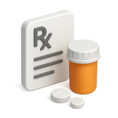 3D Prescription Icon with Bottle and Pills