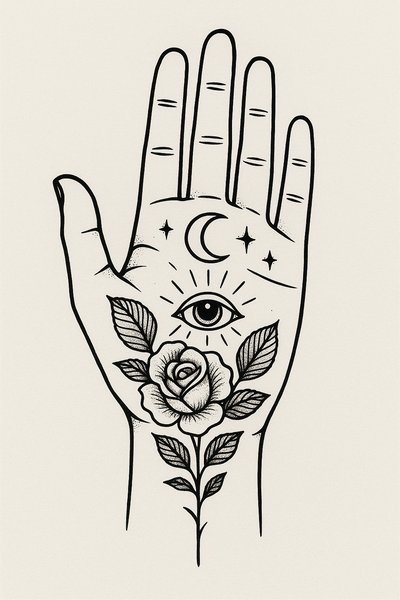 Artistic hand illustration with mystical elements and floral design