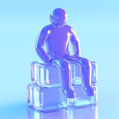 3D Render of a Transparent Figure Sitting on Ice Blocks