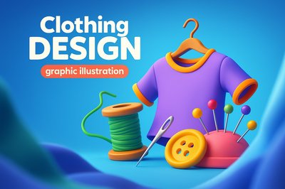 Dynamic 3D Clothing Design Illustration with Bold Typography