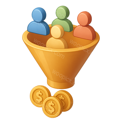 3D Customer Funnel Icon with Figures and Coins
