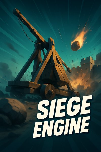 Dynamic Siege Engine Illustration with Bold Typography