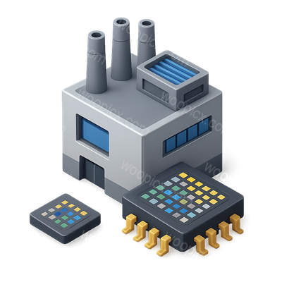Stylized 3D Icon of a Factory and Microchip