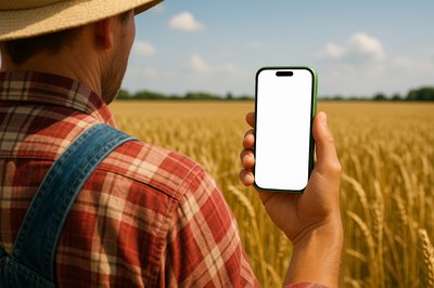 Farmer Holding Green Phone in Field