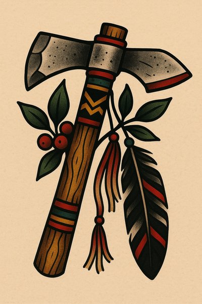 Illustrative Artwork of a Decorative Axe with Nature Elements
