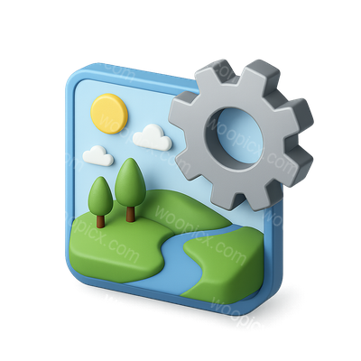 3D Gear Icon in a Vibrant Landscape Setting