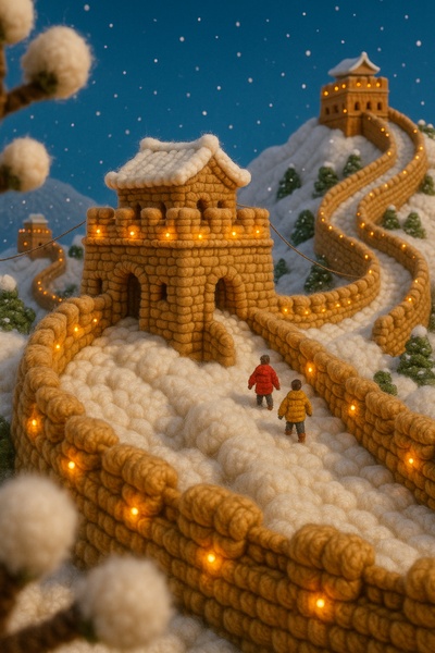 Whimsical Yarn Great Wall of China Scene