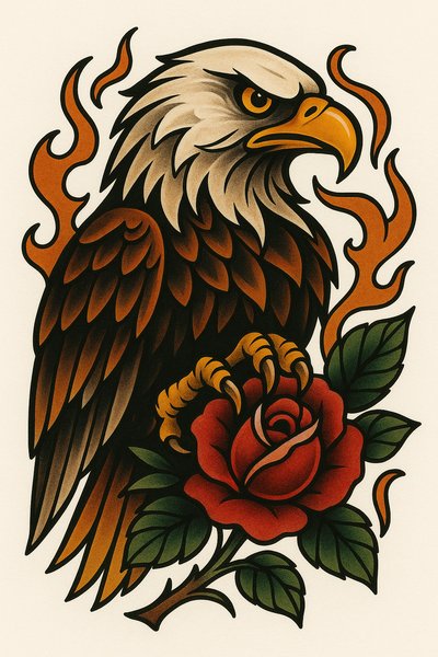 Bold Tattoo Design Featuring Eagle and Rose