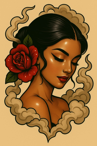 Elegant Tattoo Style Girl with Rose and Smoke
