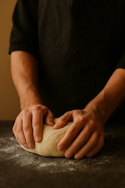 Artisan Baker Kneading Dough in a Rustic Kitchen