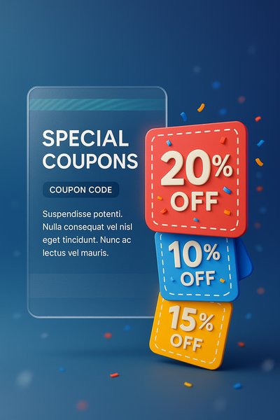 3D Coupon Design with Special Offers and Confetti Background