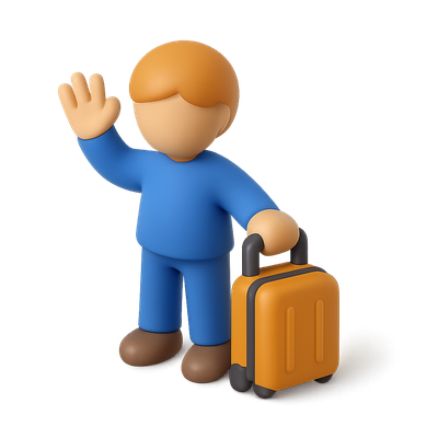 3D Traveler Icon with Suitcase and Wave Gesture