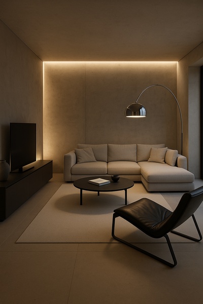 Modern Minimalist Living Room with Soft Lighting