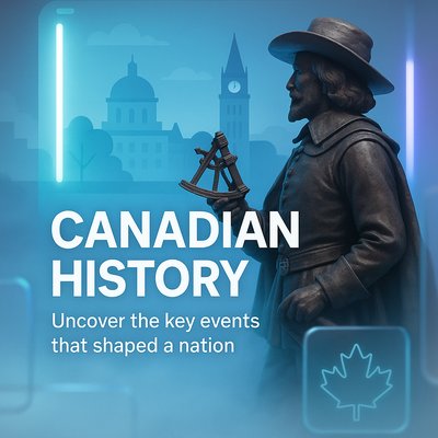 Canadian History Promotional Graphic with Statue and Text Overlay