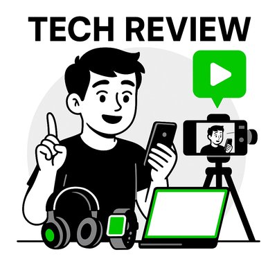Illustrative Tech Review Graphic Featuring Devices and Content Creation