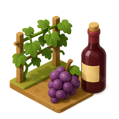 3D Vineyard Icon with Grapes and Wine Bottle
