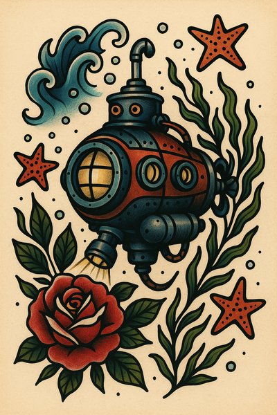 Vintage Submarine Illustration with Floral Elements
