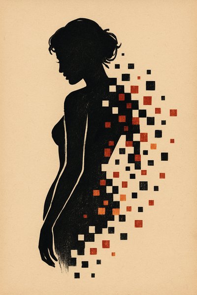 Pixelated Silhouette Tattoo Design on Beige Background