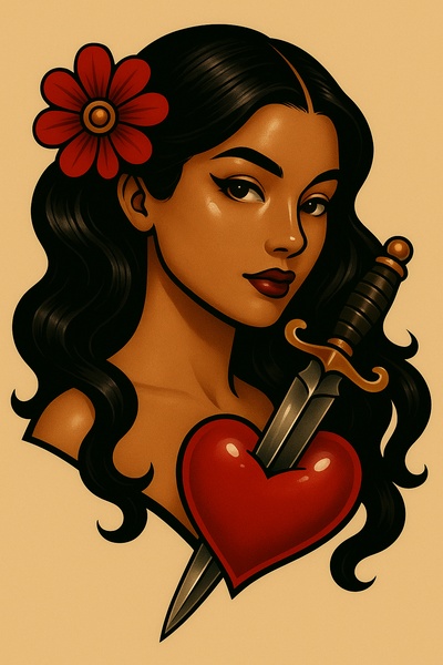 Stylized Tattoo of a Woman with a Dagger and Heart