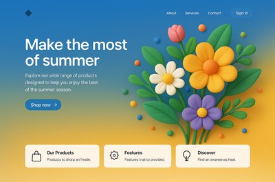 Summer-themed Landing Page with 3D Flowers and Interactive Elements
