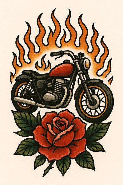 Vintage Motorcycle Illustration with Flames and Rose