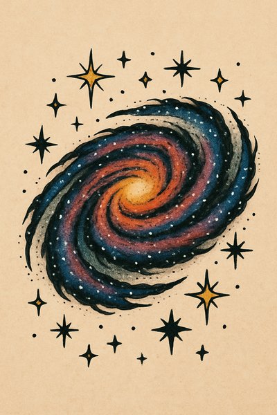 Colorful Hand-Drawn Galaxy Illustration on Beige Background