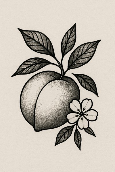 Illustrative Peach with Leaves and Flower Design