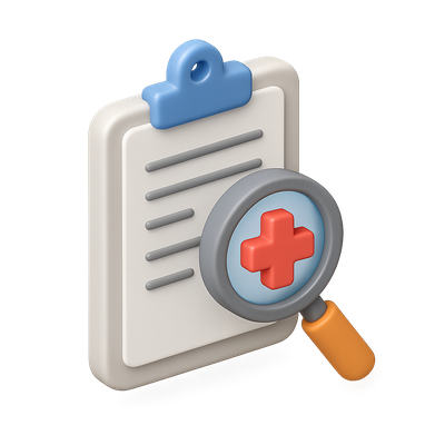 3D Diagnosis Icon with Magnifying Glass and Clipboard