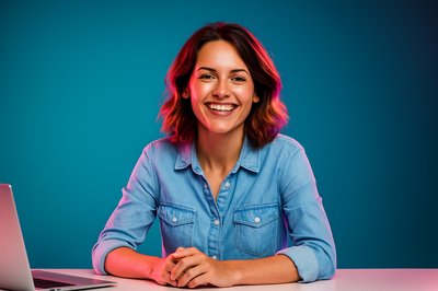 Happy Woman in Office Setting with Bright Colors