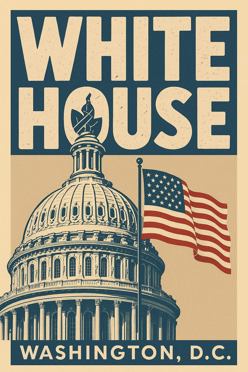 Vintage Poster of the White House with American Flag