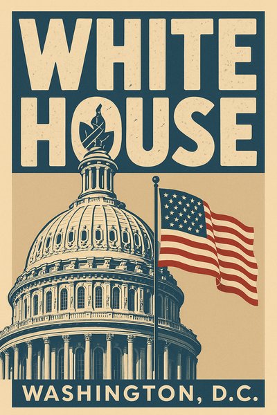 Vintage Poster of the White House with American Flag