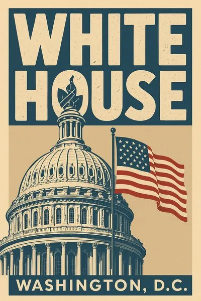 Vintage Poster of the White House with American Flag