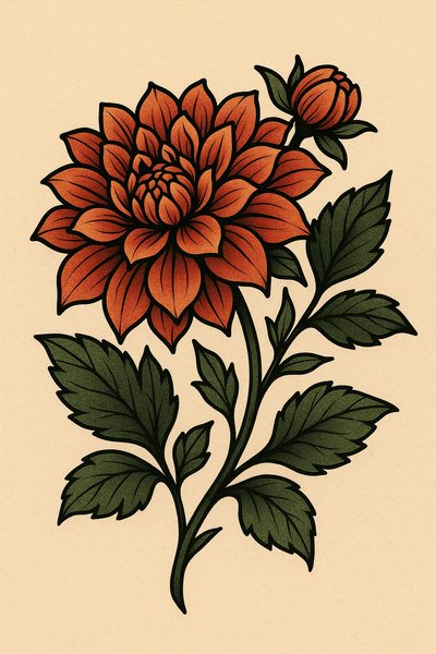 Illustration of a detailed flower with green leaves