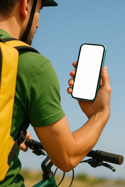Dynamic Courier on Bicycle Holding Phone