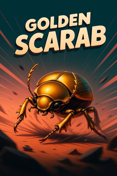 Dynamic Golden Scarab Illustration with Bold Typography