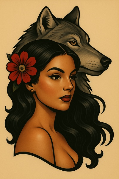 Stylized Portrait of a Woman with a Wolf Behind