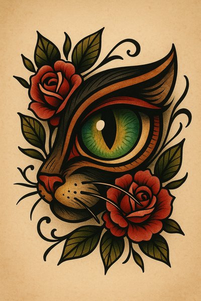 Artistic cat illustration with roses and intricate details
