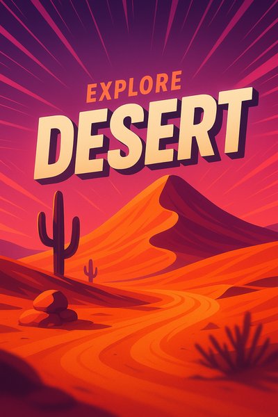 Dynamic Desert Scene with Bold Typography and Vibrant Colors