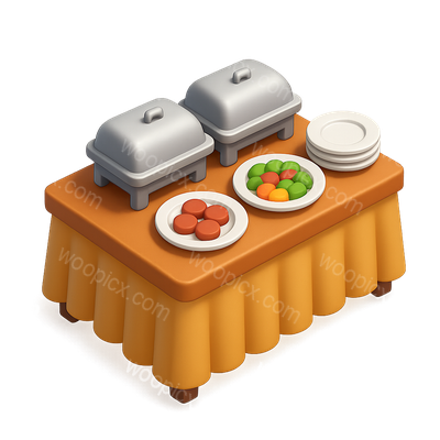 3D Buffet Icon with Food on Table in Isometric View
