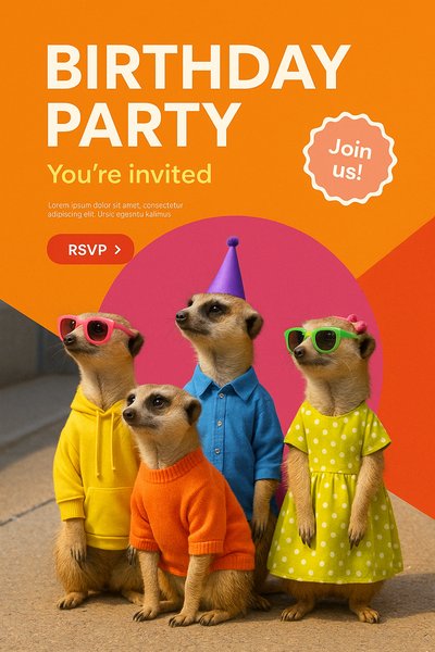 Fashionable Meerkats in Birthday Party Outfits