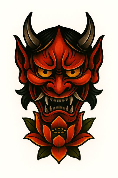 Vibrant Japanese Oni Mask Illustration with Floral Elements
